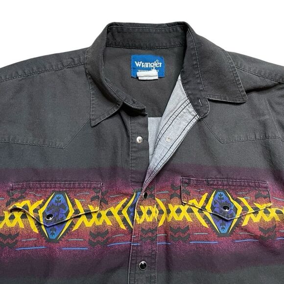 Vintage 90s Wrangler Western Button Down Shirt Aztec Black Size XXL - Picture 4 of 8